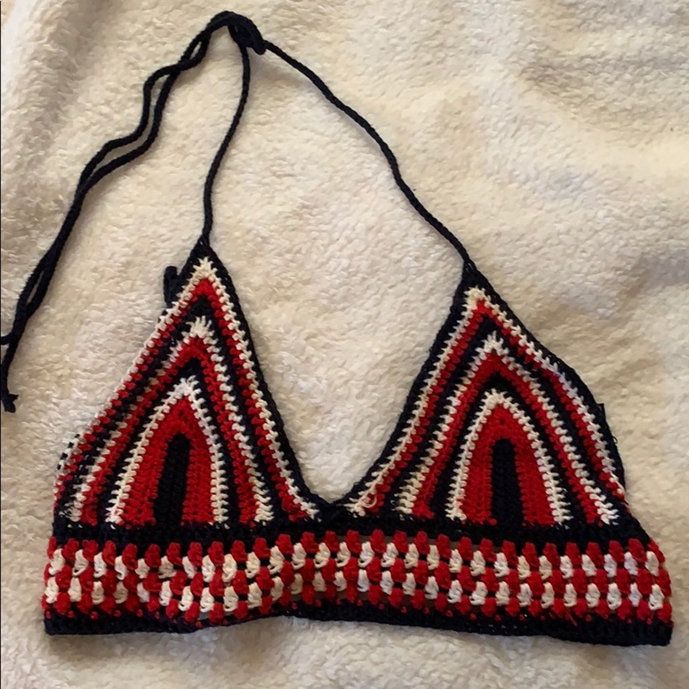 Crochet Red White and Blue triangle Tie top